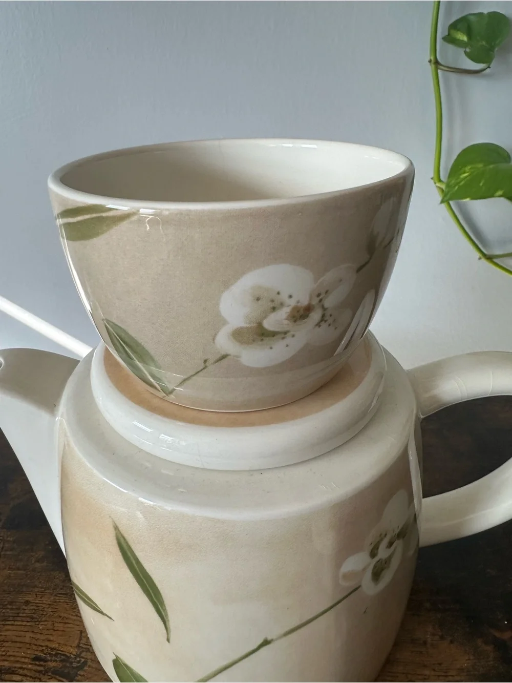 Crate and Barrel Cream Floral Ceramic Tea Set - Teapot, Creamer & Sugar Bowl